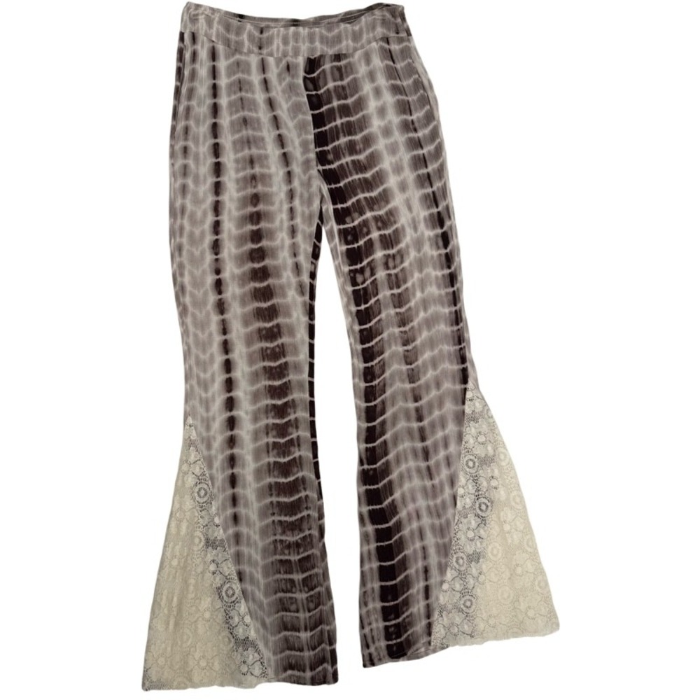 UMGEE Medium Bell Bottom Pants Gray Tie Dye Lace Inset Boho Flare Gauze Festival